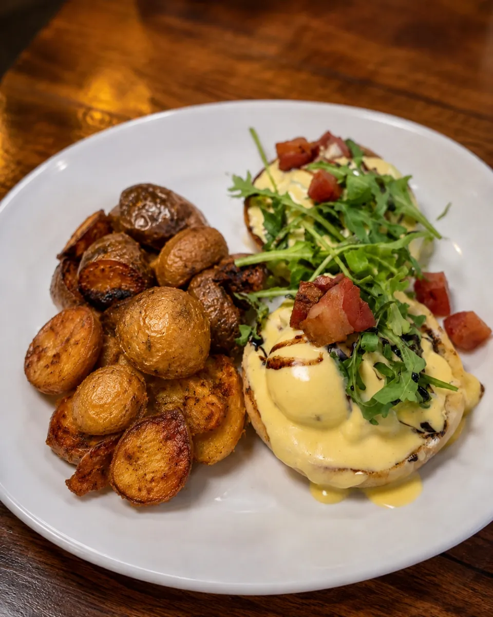 The Mulberry Street Benedict with pancetta, arugula and hollandaise beside a pile of crispy yukons